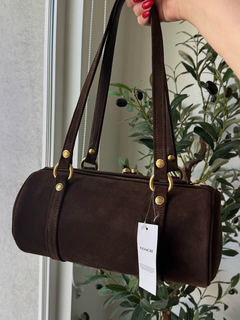 Coach Kisslock Barrel Bag 28 in Dark Chocolate Brown Suede with Brass Hardware - Picture 3 of 13